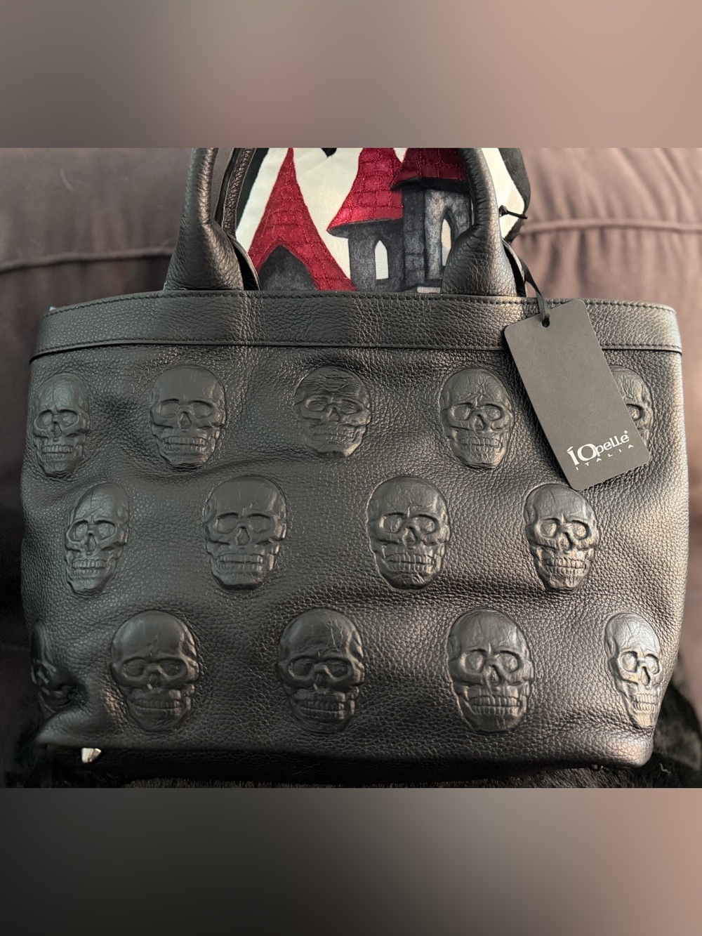 NEW IO PELLE Italy Large 3D Skull Leather Crossbody Handle Tote Bag Black